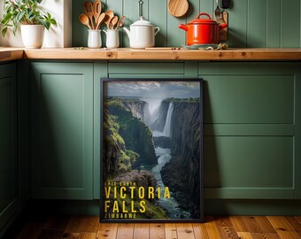 Victoria Falls Travel Poster, Glacier Landscape Wall Art, Nature Photography Print, Adventure Decor