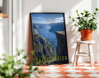 Preikestolen Travel Poster, Landscape Wall Art, Nature Photography Print, Adventure Decor