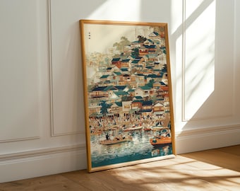 Japanese Ukiyo-e Style Print - Village Scene - Woodblock Prints - Retro Poster - Wall Art
