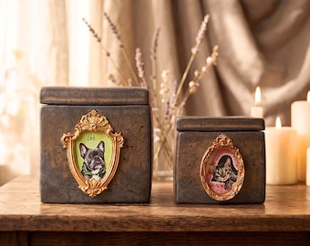 Urna vintage con retrato de mascota pintado a mano, regalo personalizado para recordar a tu perro o gato fallecido a partir de una foto, recuerdo conmemorativo hecho a mano para tu mascota, cenizas para urna de cerámica.