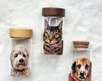 Hand Painted Pet Portrait Fur Keepsake, Custom Pet Hair Memorial Jar, Dog Cat Loss
