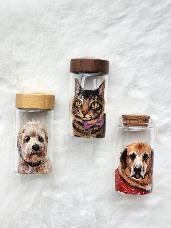 Hand Painted Pet Portrait Fur Keepsake, Custom Pet Hair Memorial Jar, Dog Cat Loss