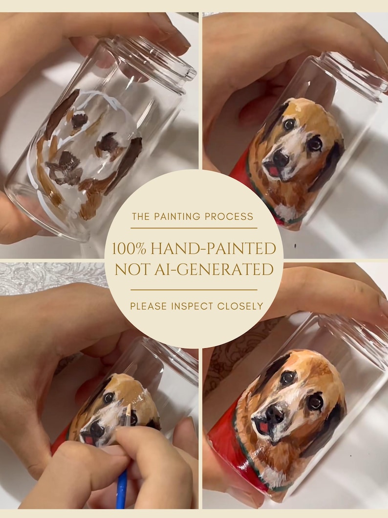Hand-painted pet memorial jar with realistic portrait on UV-resistant glass, featuring an airtight seal for storing fur or ashes.