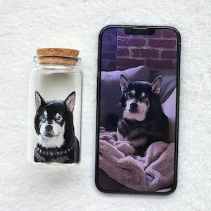 Hand-painted pet memorial jar with realistic portrait on UV-resistant glass, featuring an airtight seal for storing fur or ashes.