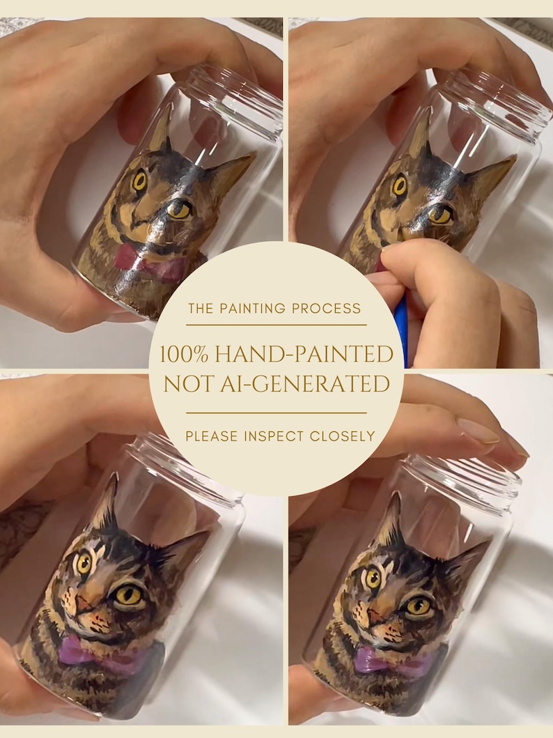 Hand-painted pet memorial jar with realistic portrait on UV-resistant glass, featuring an airtight seal for storing fur or ashes.