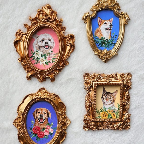 100% Hand-Painted Acrylic Pet Portrait, Custom Dog Cat Painting with floral theme, Pet Memorial Keepsake from photo, Gift for Dog Mom