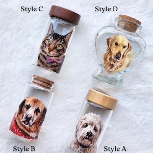 Hand-painted pet memorial jar with realistic portrait on UV-resistant glass, featuring an airtight seal for storing fur or ashes.