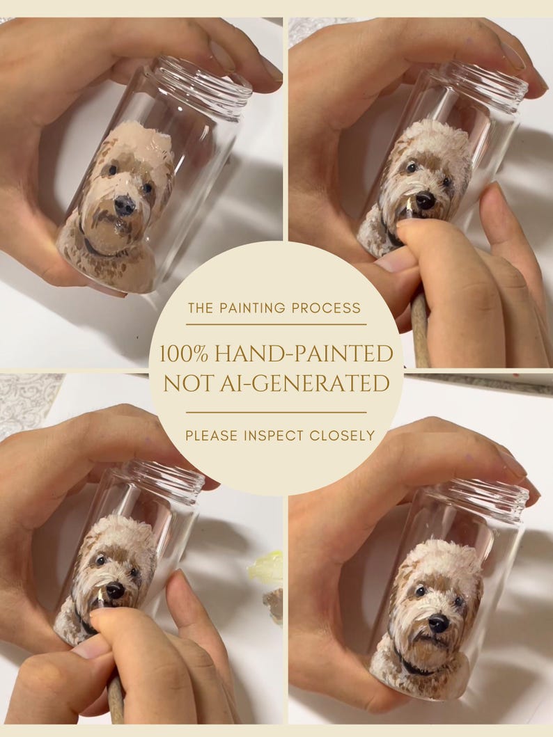 Hand-painted pet memorial jar with realistic portrait on UV-resistant glass, featuring an airtight seal for storing fur or ashes.