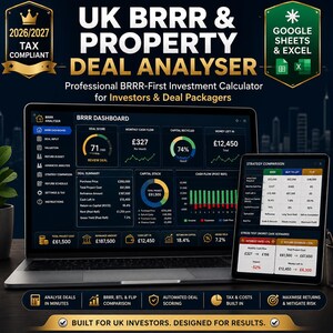 May include: A digital UK BRRR and property deal analyzer software displayed on a laptop and tablet screen. The interface features a dashboard with financial metrics, charts, and a strategy comparison table for real estate investment analysis.