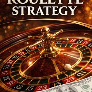 May include: Image of a roulette wheel with the text "QUANTCORE ROULETTE STRATEGY." A stack of $100 bills is in the foreground. The roulette wheel is brown and gold, with a white ball resting on the wheel.