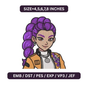 Puede incluir: Diseño bordado de un personaje femenino con cabello morado en una cola de caballo, con una chaqueta naranja y un collar plateado. Se muestra el texto "SIZE=4,5,6,7,8 INCHES" y "EMB / DST / PES / EXP / VP3 / JEF".