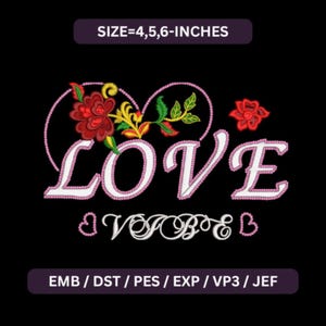Diseño de bordado floral de corazones de amor en secuencia / Bordado a máquina / Patrón de rosas románticas / Descarga instantánea 3 TAMAÑOS
