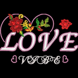 May include: Embroidered design on a black background. The word "LOVE" is spelled out in white letters with pink beaded outlines. A heart-shaped design with red and yellow flowers and green leaves is above the "LOVE" letters. The word "VOTE" is written below.