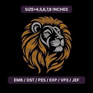 Puede incluir: Diseño de cabeza de león bordada en oro, plata y negro. La imagen incluye el texto "SIZE=4,5,6,7,8 INCHES" y "EMB / DST / PES / EXP / VP3 / JEF". La melena del león está detallada con hilo dorado y la cara es plateada.