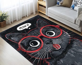 Alfombra de gato negro con gafas rojas: divertida alfombra de animales de dibujos animados para sala de estar o dormitorio.