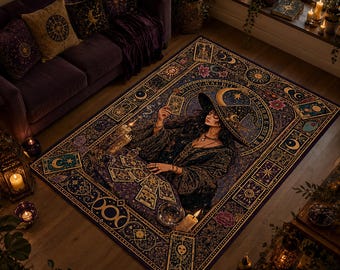 Alfombra de Tarot de Bruja, Alfombra Mística Celestial, Decoración de Habitación Mágica, Alfombra de Fases Lunares