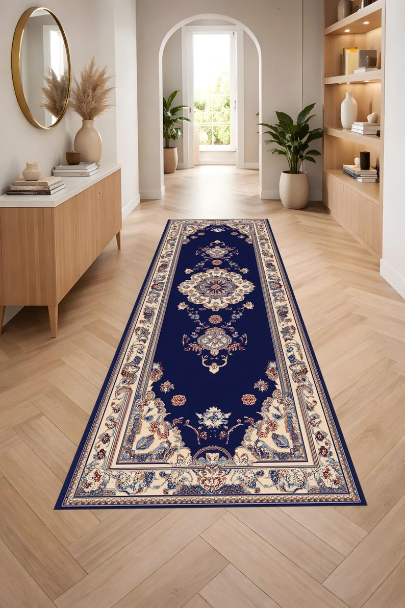 Royal Runner Rug Texture Royal Blue Floral Medallion Runner Rug With Cream Border - Etsy
