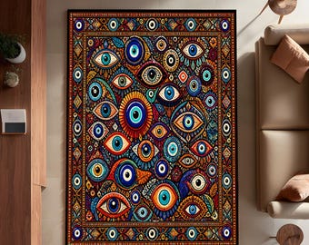 Alfombra con diseño de ojo turco, alfombra bohemia colorida, decoración con ojo místico, alfombra de estilo ecléctico.