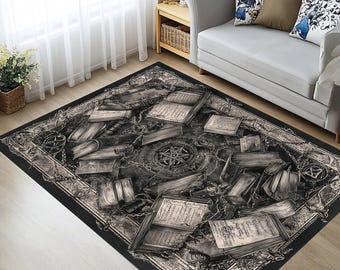 Alfombra gótica con pentagrama y grimorio oculto