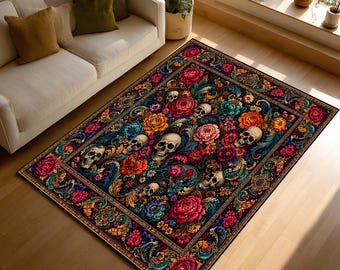 Alfombra con calaveras y flores, alfombra gótica con flores, decoración bohemia oscura, alfombra gótica colorida