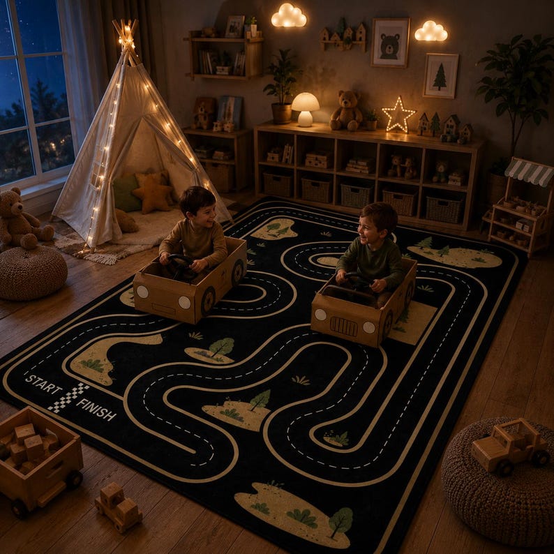 Puede incluir: Una alfombra rectangular grande de color negro con un dise&ntilde;o de pista de carretera blanca, l&iacute;nea de salida y meta, parches de paisaje verde y &aacute;rboles. La alfombra sirve como tapete de juego para dos ni&ntilde;os en coches de cart&oacute;n.