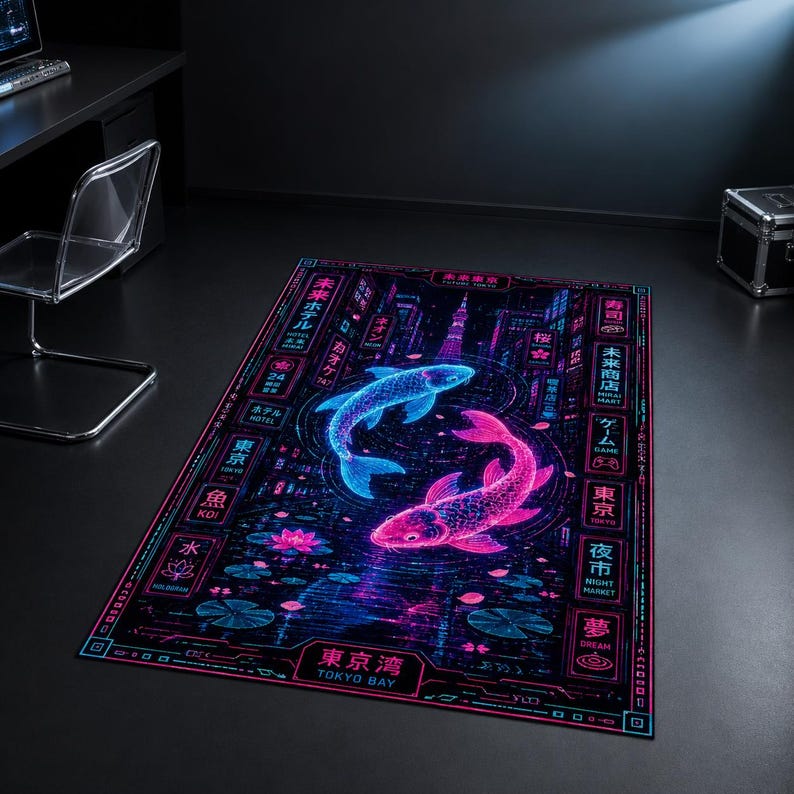 May include: A rectangular area rug featuring a dark background with a vibrant neon-style illustration of two koi fish, one blue and one pink, swimming in a circle. The design includes Japanese text, lotus flowers, and a cityscape motif in bright neon colors.