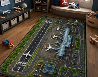Puede incluir: Una alfombra rectangular que presenta una escena detallada de aeropuerto con pistas, calles de rodaje, una terminal, un helipuerto y varios aviones y vehículos en miniatura impresos sobre una superficie gris oscuro con bordes verdes.