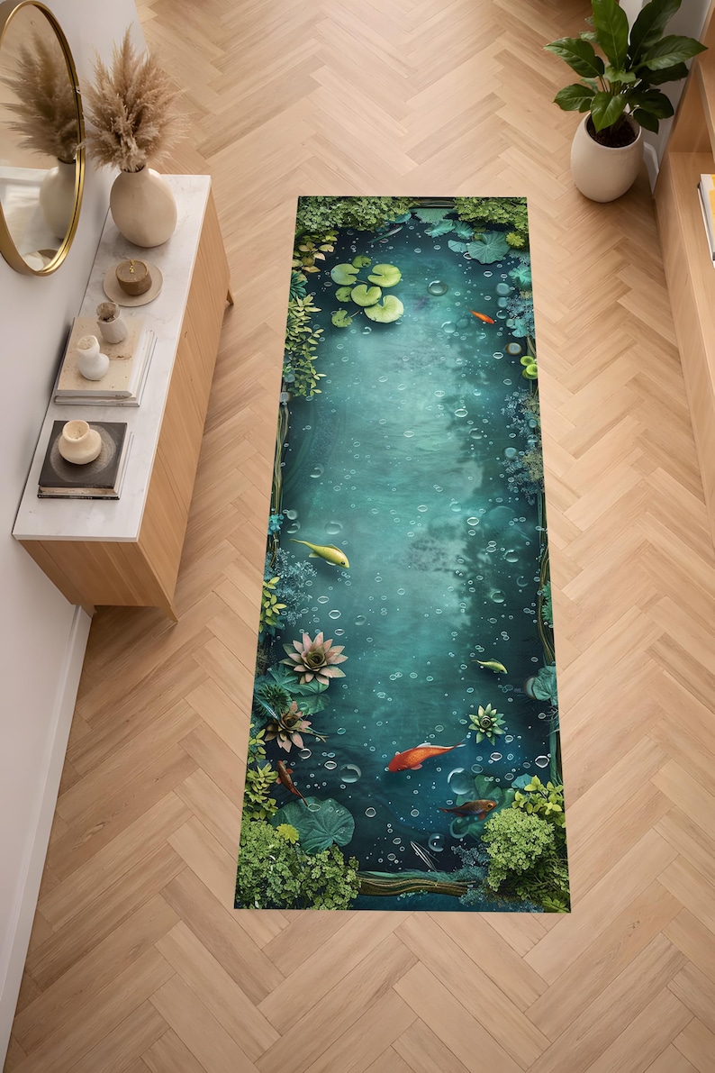 Aquatic Rug Koi Fish Pond Runner Rug, Teal Water Lily Carpet, Nature Inspired ...