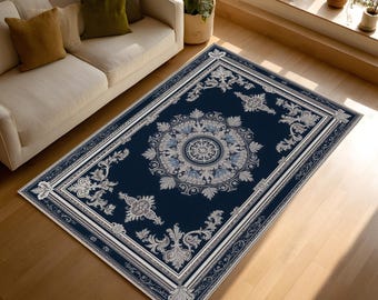 Navy Blue Medallion Rug – Baroque Style Area Carpet with Silver Scrollwork Accents