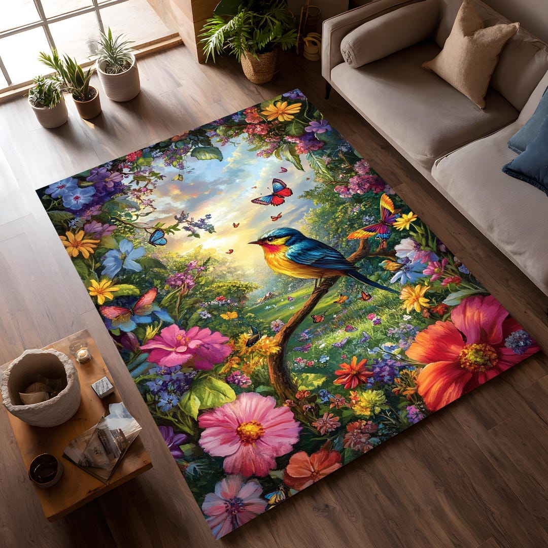 Colorful Floral Bird Area Rug With Butterfly Garden Design - Etsy