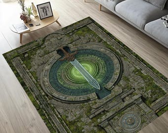 Alfombra circular de runas y espadas de fantasía, decoración de suelo mágico de piedra mística