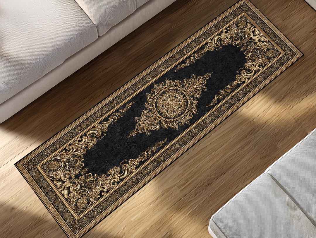 Black and Gold Baroque Runner Rug – Ornate Hallway Carpet With Regal ...