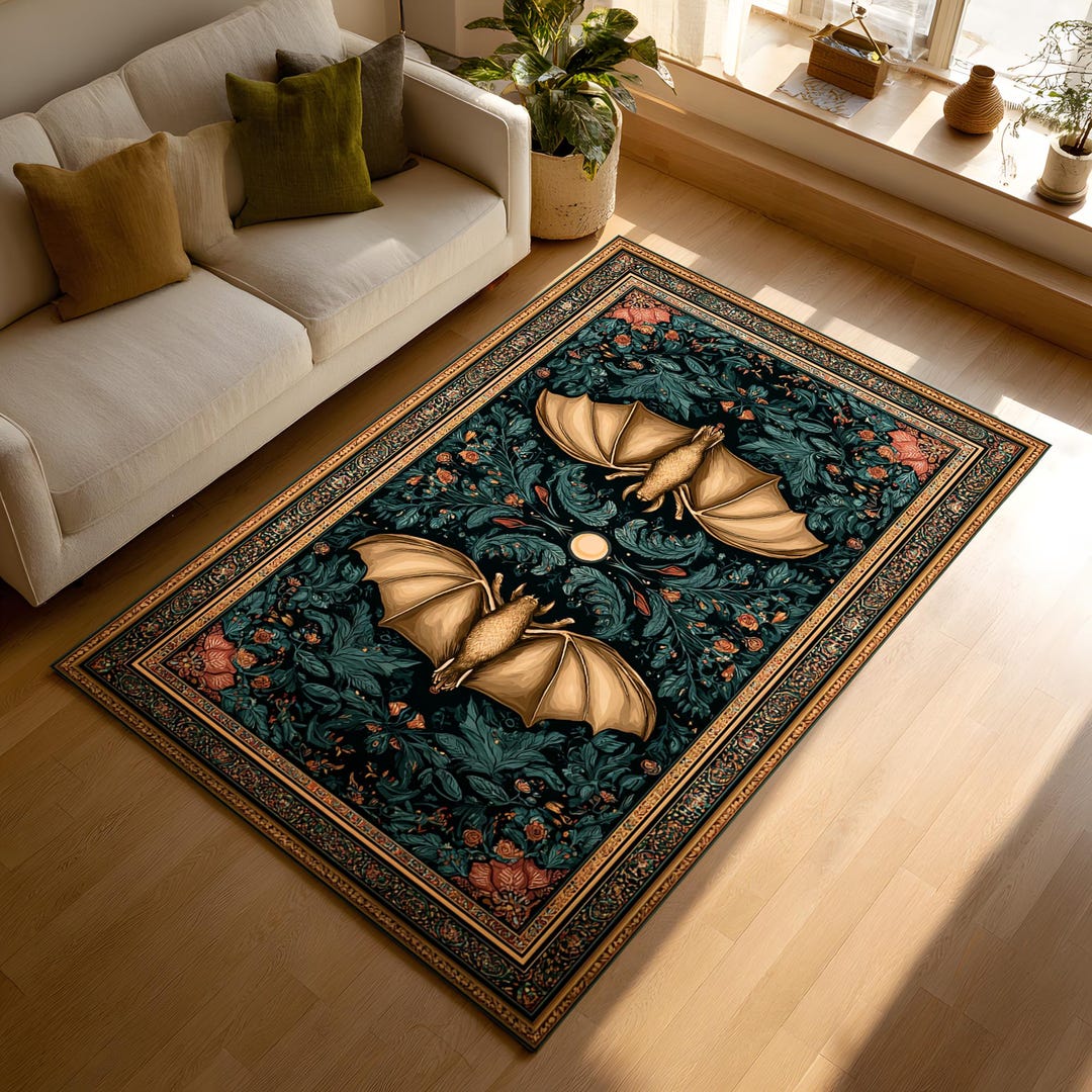 Gothic Bat Rug Dark Floral Pattern Carpet Vintage Style Statement Home ...