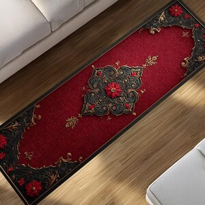 Tapis de passage floral gothique rouge, tapis de couloir vintage fleuri, bordure noire