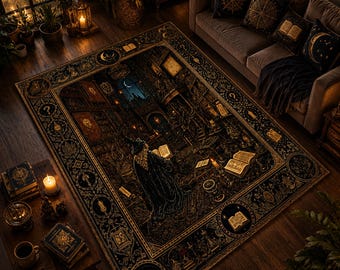 Alfombra de biblioteca de magos, alfombra estilo academia oscura, decoración de habitación gótica fantástica.
