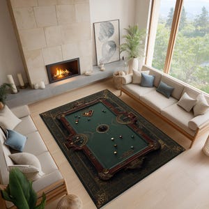 May include: A green and burgundy pool table rug with a detailed border. The rug features a pool table design with billiard balls and a triangle of balls. The rug is placed in a living room setting with a fireplace and couches.