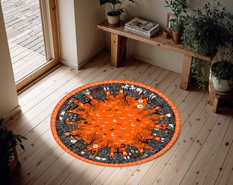 Alfombra redonda de Halloween, alfombra gótica naranja, decoración para casas encantadas, alfombra espeluznante para el suelo.