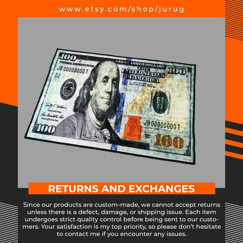 Puede incluir: Una alfombra rectangular con un estampado gr&aacute;fico de un billete de cien d&oacute;lares estadounidenses. El dise&ntilde;o incluye el retrato de Benjamin Franklin, el texto 100, Federal Reserve Note y United States of America en blanco y negro.