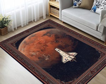Alfombra del transbordador espacial Marte: alfombra cósmica con borde vintage para amantes de la decoración de ciencia ficción.