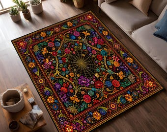 Alfombra gótica floral, alfombra colorida con telaraña, decoración bohemia oscura para habitaciones, alfombra de bruja