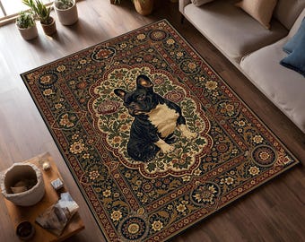 Alfombra de bulldog francés, alfombra floral para perros, decoración vintage para mascotas, alfombra para cachorros adorables