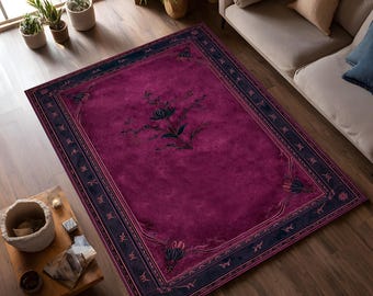 Alfombra floral morada: alfombra botánica minimalista en color ciruela intenso para sala de estar o dormitorio.