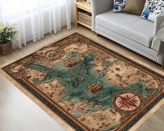 Teal Nautical Map Rug – Vintage Compass and Ship Area Rug for Study, Library or Game Room