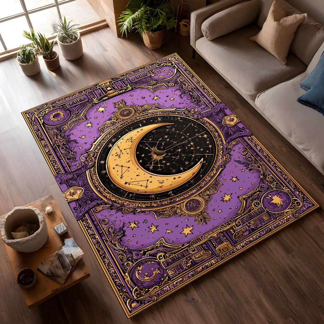 Moon Face Rug Celestial Moon Phase Rug Purple Gold Astrology Star Map Carpet - Etsy