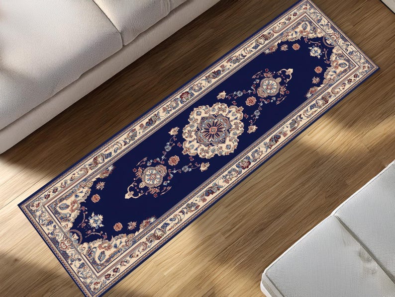 Royal Runner Rug Texture Royal Blue Floral Medallion Runner Rug With Cream Border - Etsy