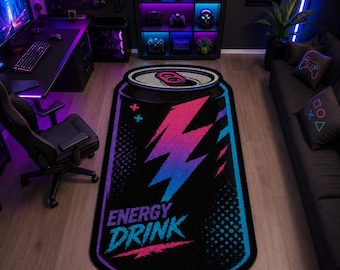 May include: A rectangular area rug shaped like an energy drink can. The rug features a black background with a large, central lightning bolt graphic in a pink-to-blue gradient. The text ENERGY DRINK is printed in a stylized blue font at the bottom.
