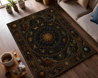 Alfombra Celestial del Zodíaco, Decoración Astrológica Vintage, Alfombra Mística del Sol y la Luna