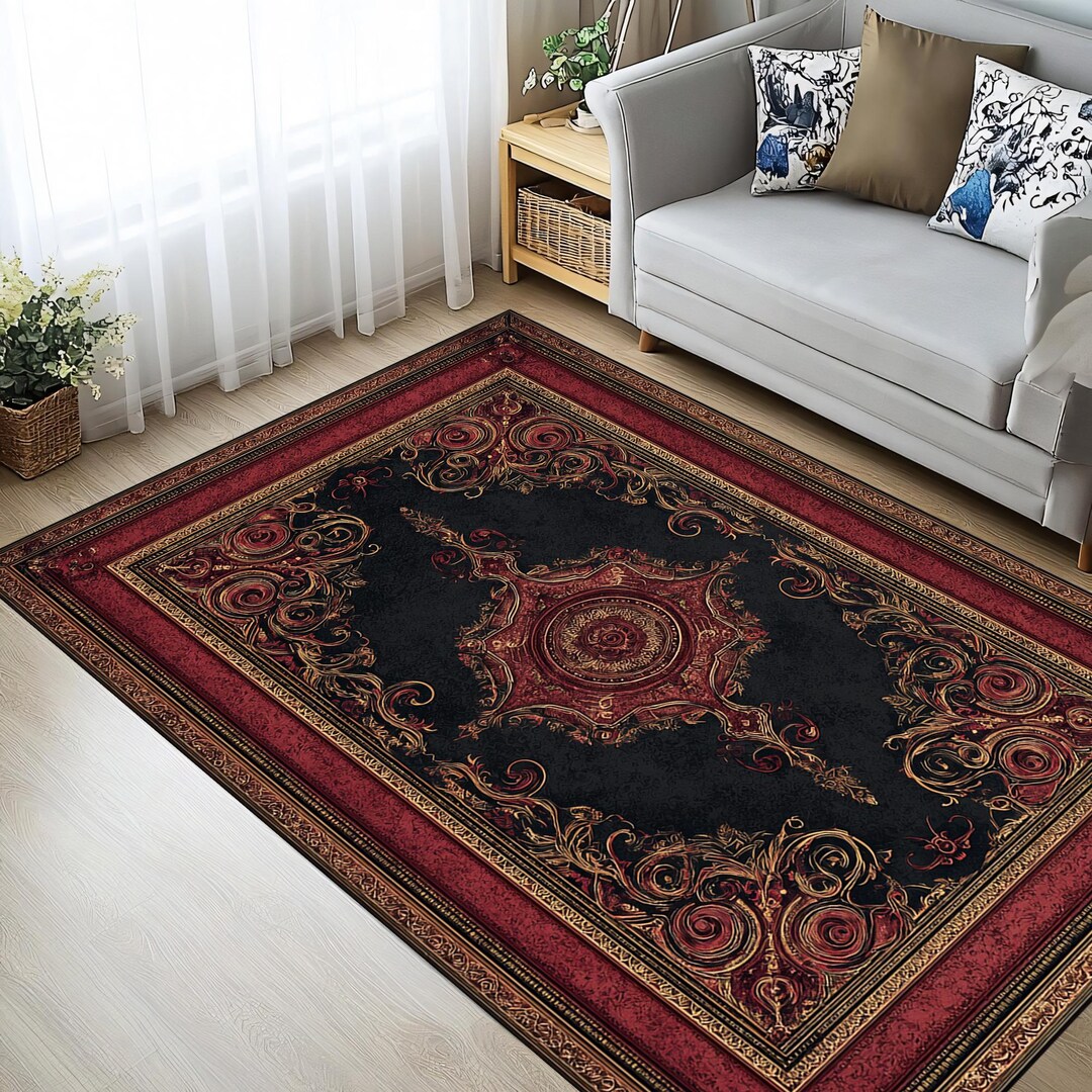 Luxury Baroque Rug – Black & Burgundy Regal Ornamental Carpet With Gold ...
