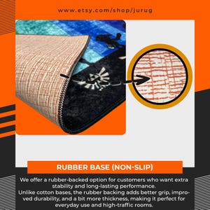 Puede incluir: Una alfombra rectangular con un dise&ntilde;o gr&aacute;fico azul y negro y un emblema blanco. La parte inferior de la alfombra muestra una base de goma beige con un patr&oacute;n de rejilla texturizado, resaltado por un zoom circular.