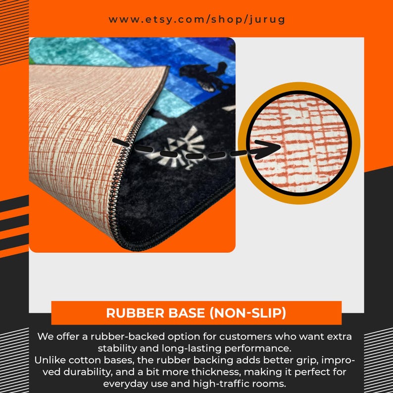 Puede incluir: Una alfombra rectangular con un dise&ntilde;o gr&aacute;fico azul y negro y un emblema blanco. La parte inferior de la alfombra muestra una base de goma beige con un patr&oacute;n de rejilla texturizado, resaltado por un zoom circular.